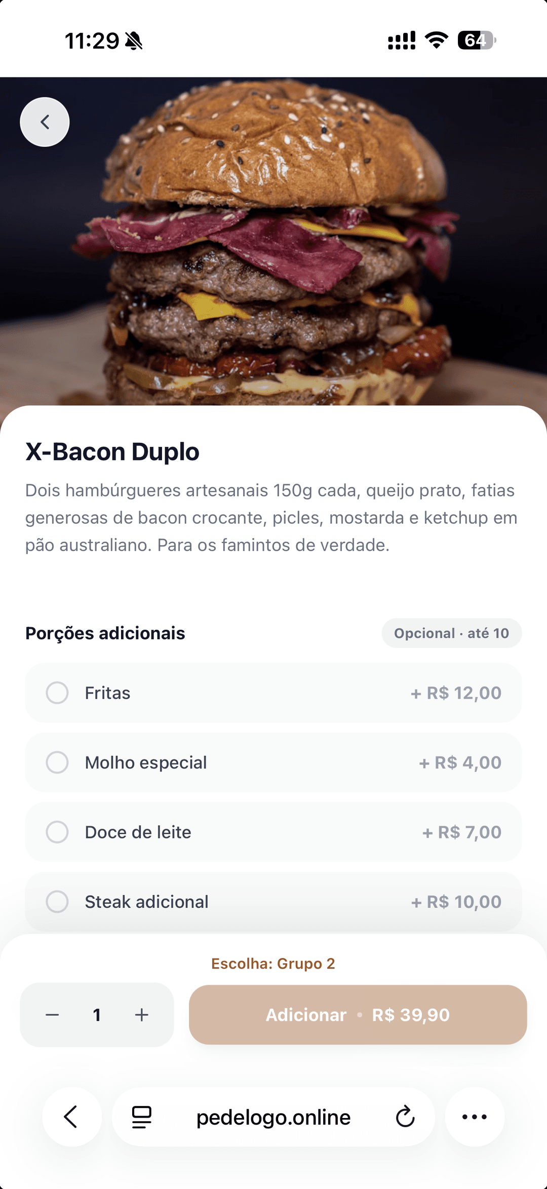 Página de produto com customizações
