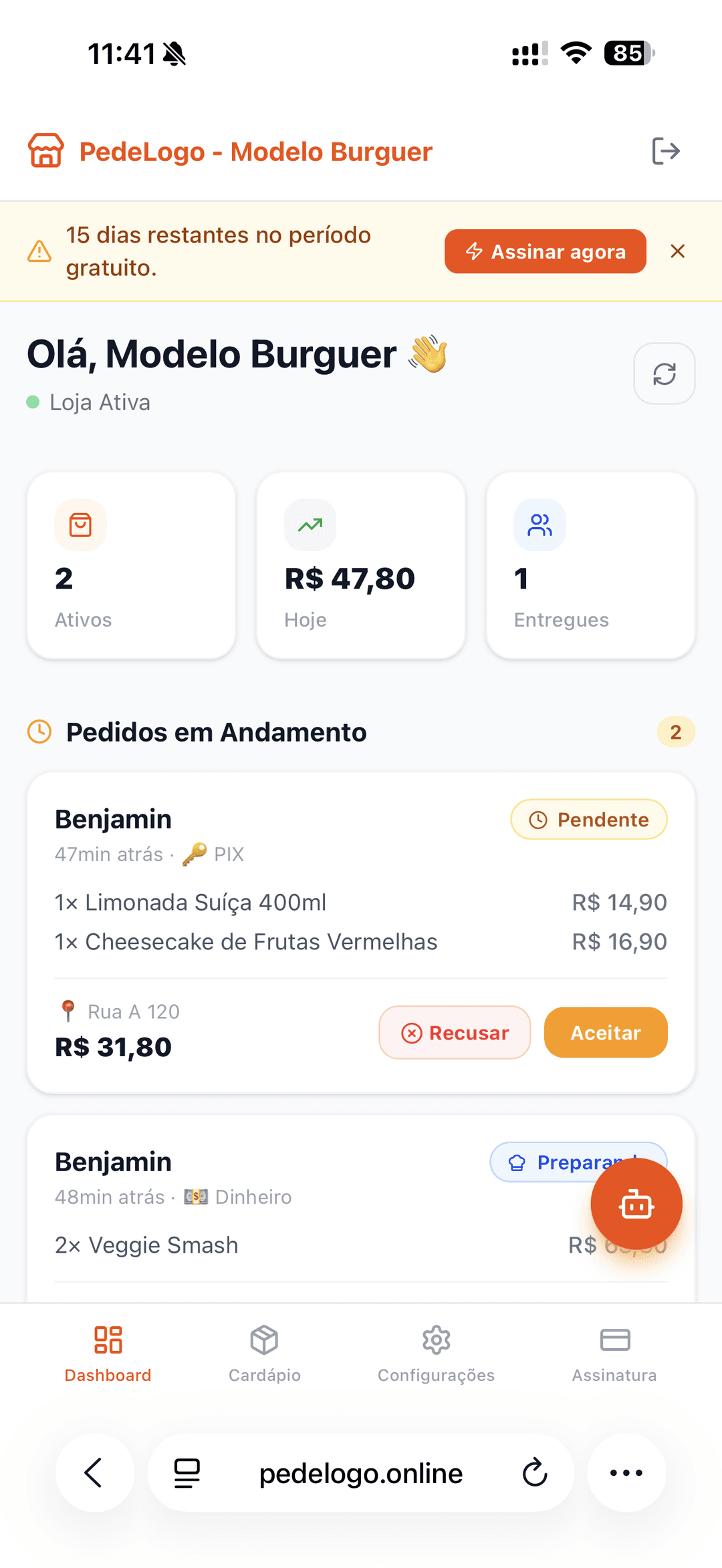 Painel de pedidos em tempo real